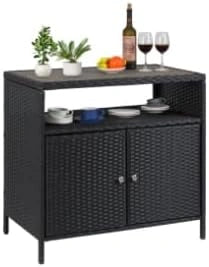 Buffet Zstar en Résine Tressée avec Plateau Bois, 2 Portes, Étagères - Résistant aux Intempéries pour Terrasse et Piscine - Couleurs Noir et Gris