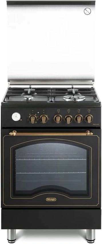 Cuisinière à Gaz De'Longhi 60 cm, Four Électrique Multifonction, 4 Brûleurs, Noir
