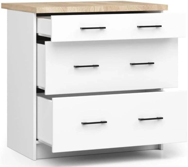 Armoire de Cuisine Moderne OLIWIA S80 - Buffets avec 3 Tiroirs - Panneau Stratifié 16 mm - Placage ABS Résistant - Facile à Monter - Couleur Blanc - Haute Durabilité