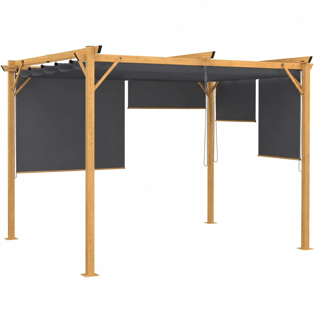 Pergola Effet Bois avec Toit R¨¦tractable et Stores Gris