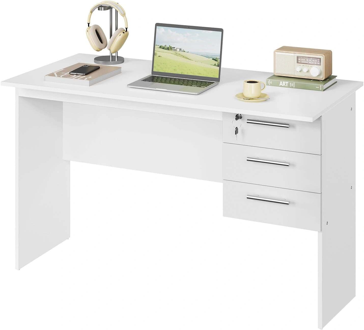 Bureau Moderne avec Rangement, 3 Tiroirs, 120x60x75 cm, Bois Blanc