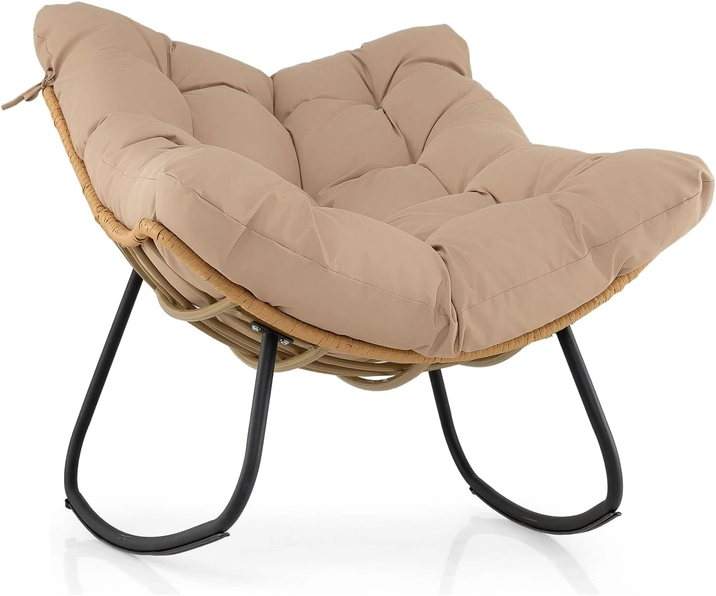 COSTWAY Rocking Chair en Rotin pour Intérieur et Extérieur, Fauteuil Relaxant avec Cadre en Métal, Coussin Confortable Amovible, Idéal pour Jardin, Balcon et Salon, Charge Maximale 140 kg (Beige)