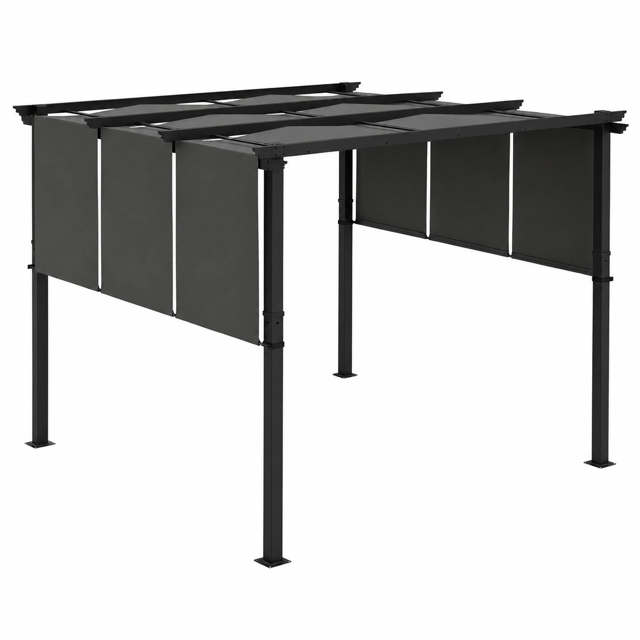 Pergola d'ext¨¦rieur avec toiles coulissantes r¨¦glables, structure en acier noir, toile en polyester gris fonc¨¦