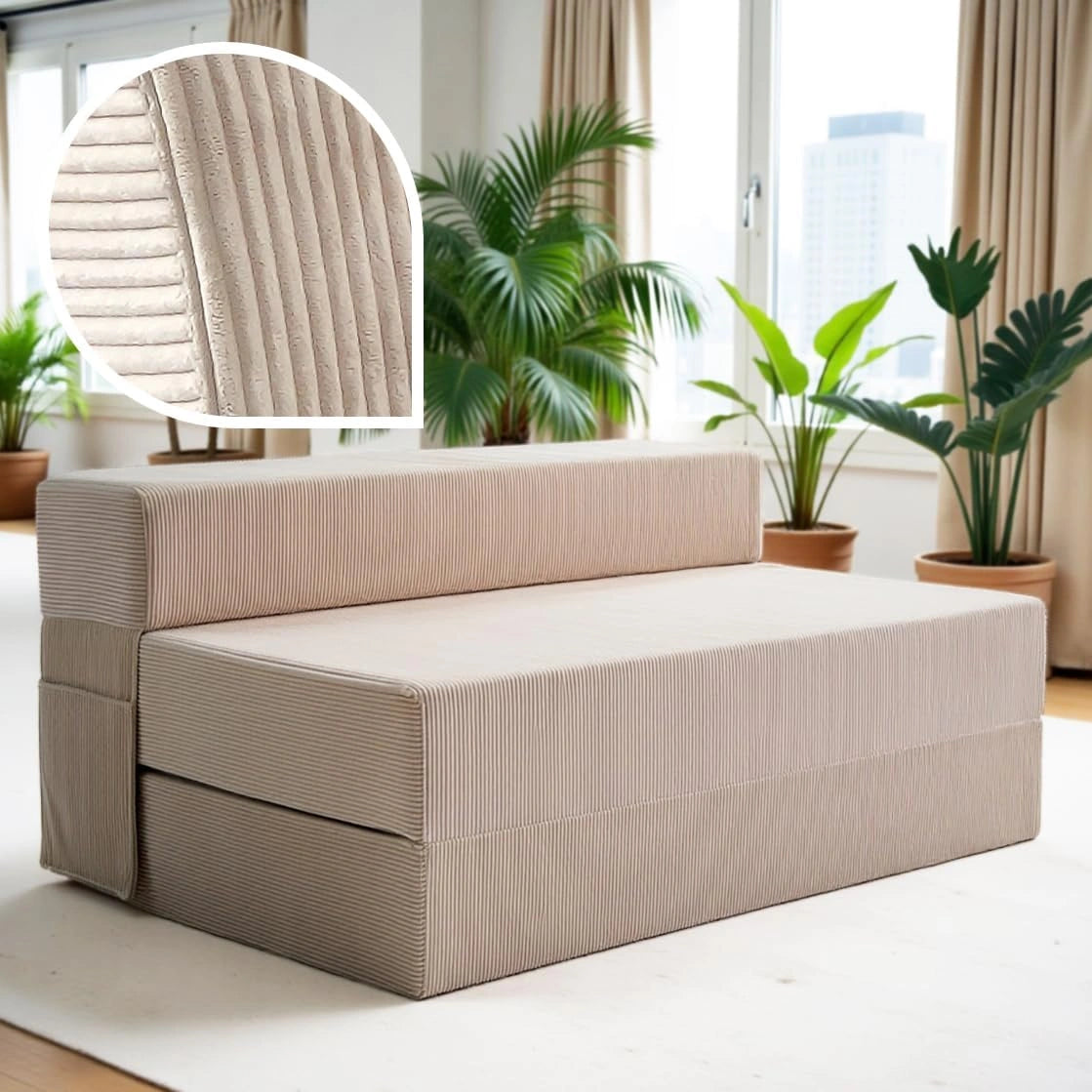 Sofa-lit en Velours Côtelé Beige 120 cm – Convertible avec Matelas à Mémoire de Forme – Certifié OEKO-TEX – Idéal pour Salon et Chambre d'Amis