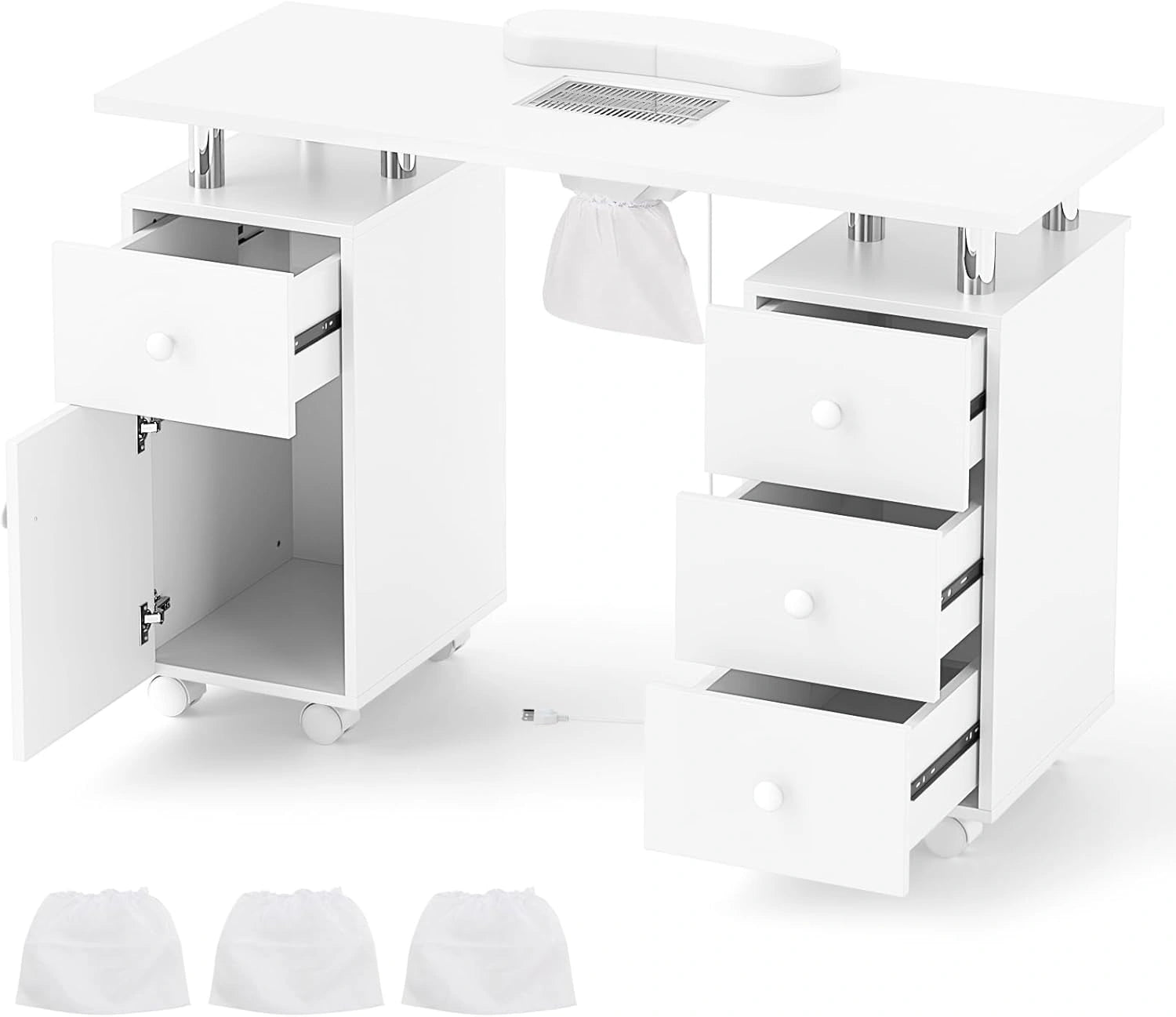Table de Manucure Professionnelle avec Roues et Aspirateur - Blanc