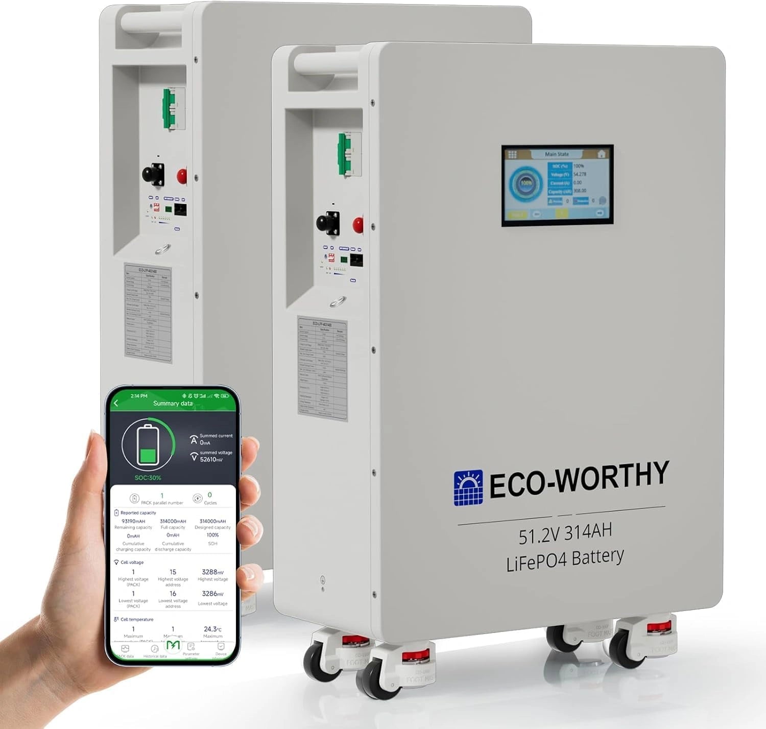 ECO-WORTHY Batterie Lithium 48V 314Ah, Stockage Énergie 32,2 kWh avec BMS 200A et Connectivité Bluetooth/WLAN