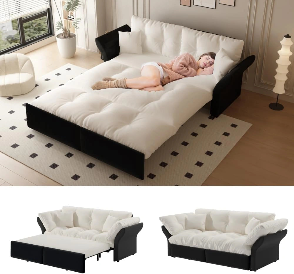 Canapé-Lit Gigogne 190 cm Convertible 3 en 1 en Velours Beige avec Capitonnage et Coussins