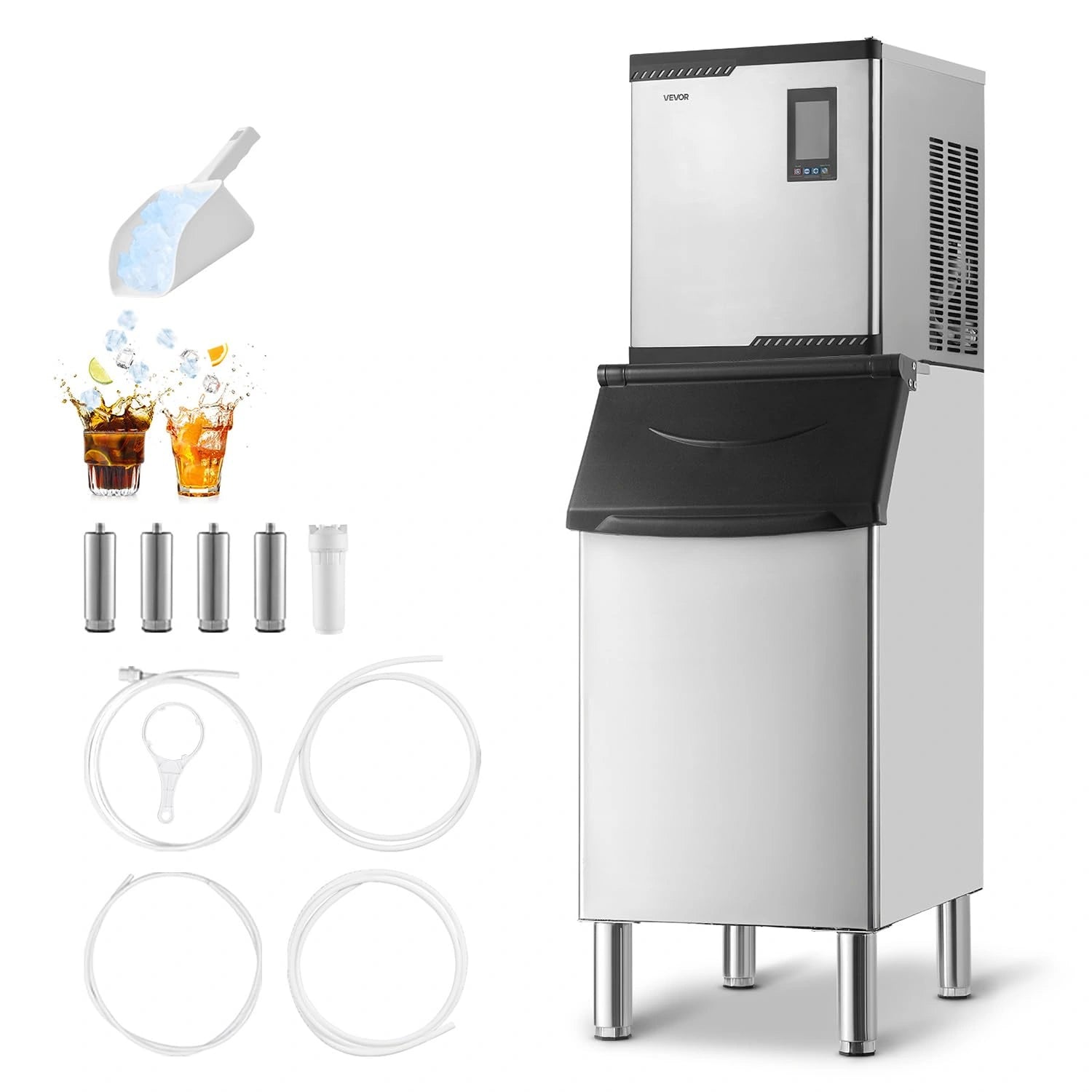 Machine à Glaçons Commerciale VEVOR 136 kg/24h avec Autonettoyage et Écran Tactile, Convient pour Bars, Restaurants, Hôtels