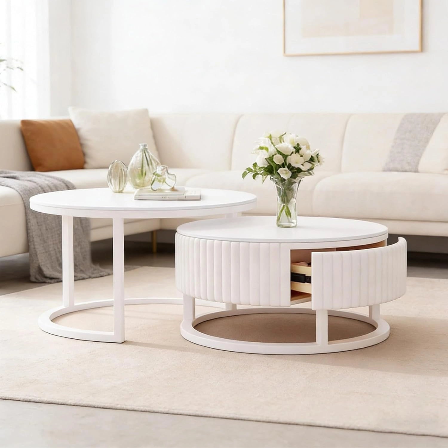 Table Basse Ronde Moderne avec Tiroir et Rangements en Marbre - Lot de 2 pour Salon