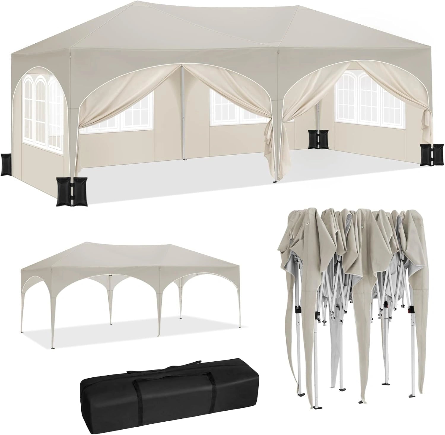 Pergola de Jardin WOLTU 3x6m, Tonnelle Pliante avec Parois Latérales et Sacs de Sable, Résistante à l'Eau et UV, Hauteur Ajustable, Sac de Transport Inclus