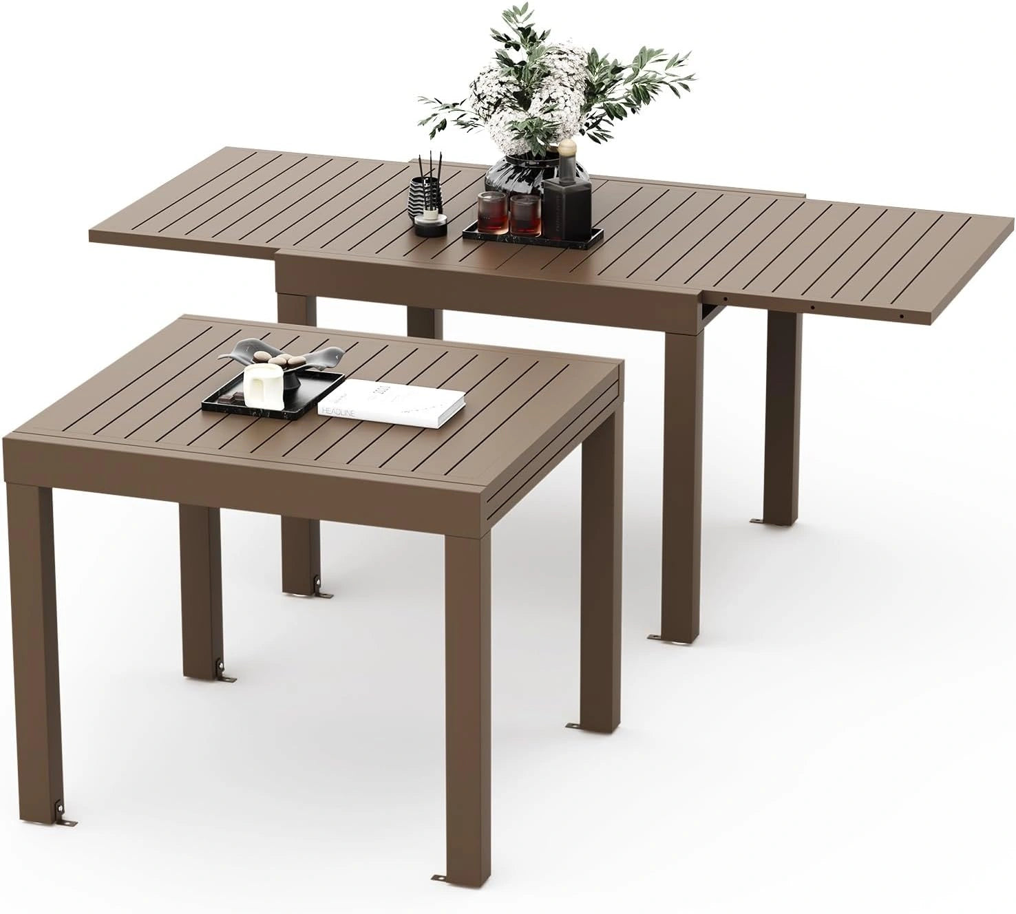 Table de Jardin Extensible en Aluminium, Résistante aux Intempéries, 80/160 x 80 x 75 cm, Marron, Pour Balcon