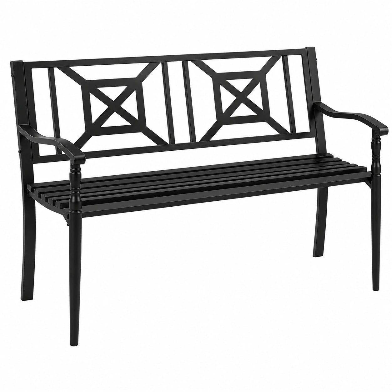 Banc de jardin 2 places avec dossier haut et accoudoirs ergonomiques en acier