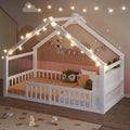 Lit Cabane Enfant 90x190 en Pin Massif avec Barrière de Sécurité, Design Minimaliste Blanc