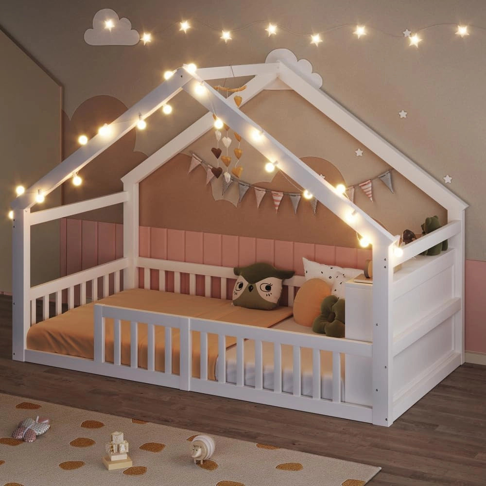 Lit Cabane Enfant 90x190 en Pin Massif avec Barrière de Sécurité, Design Minimaliste Blanc
