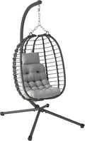 Chaise Hamac Suspendue Pliable en Résine Tressée avec Support et Coussin, Cadre en Acier pour Intérieur et Extérieur, Gris