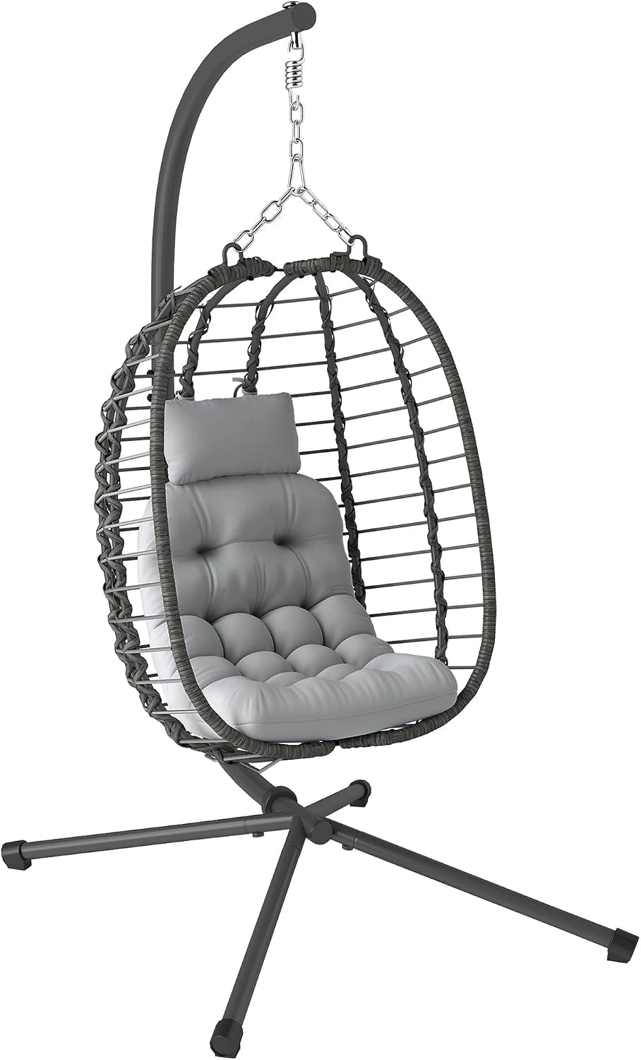 Chaise Hamac Suspendue Pliable en Résine Tressée avec Support et Coussin, Cadre en Acier pour Intérieur et Extérieur, Gris