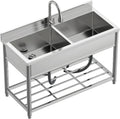 Évier Professionnel en Acier Inox 2 Bacs avec Robinet Rétractable pour Cuisine Restaurant, 120 x 55 x 94 cm