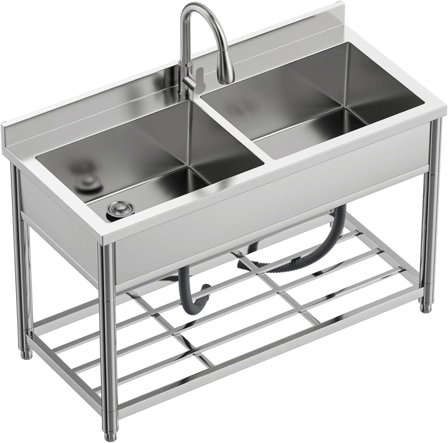 Évier Professionnel en Acier Inox 2 Bacs avec Robinet Rétractable pour Cuisine Restaurant, 120 x 55 x 94 cm