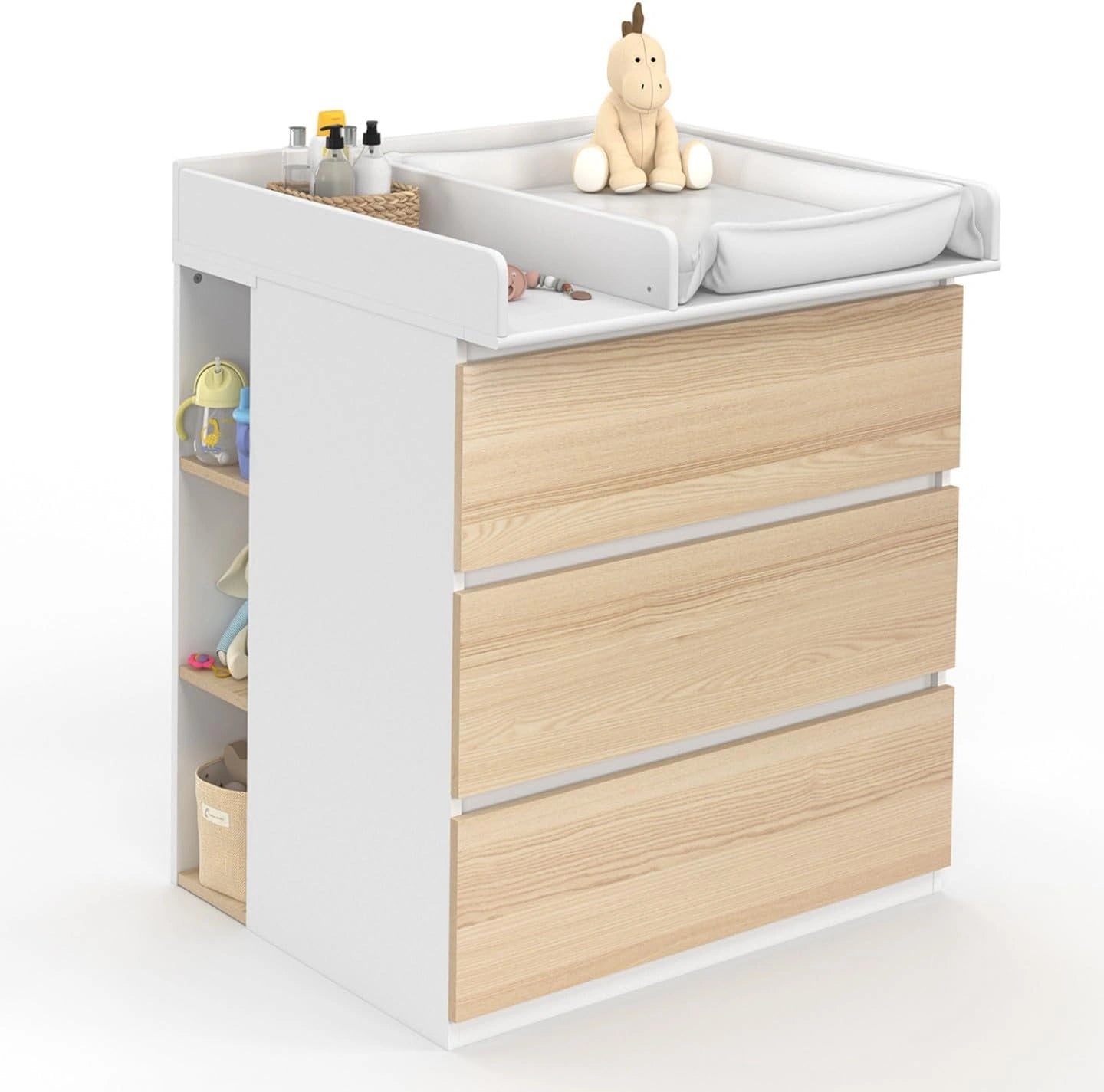 Table à Langer Évolutive Ambre avec Commode 3 Tiroirs et Étagères Amovibles - Finition Hêtre et Blanc