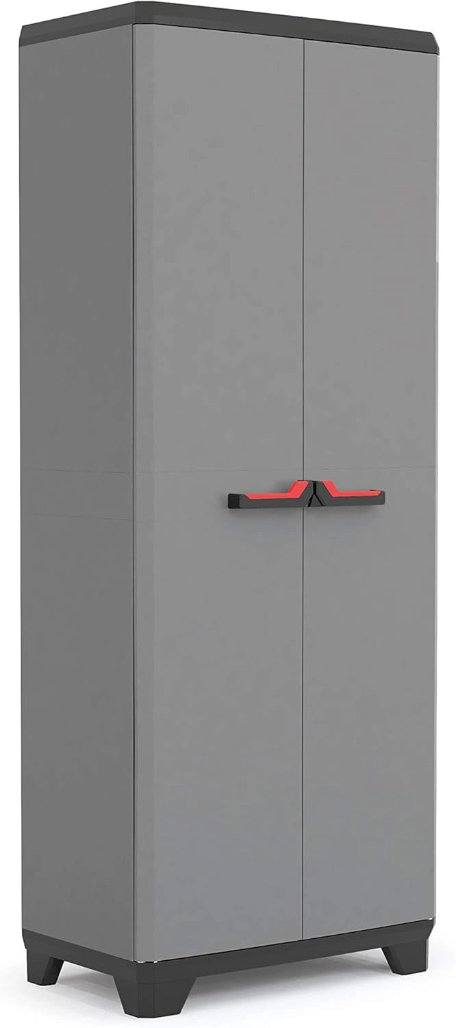 Armoire de Rangement Multifonction en Résine - Étagères Réglables et Pieds Ajustables - Poignée Confortable - Pour Cuisine, Garage et Atelier - 68x39x173 cm - Gris/Noir/Rouge