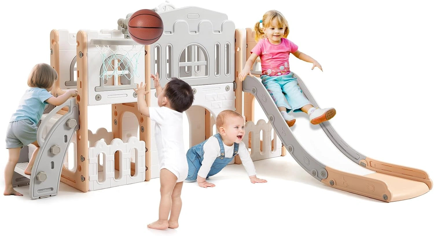 Ensemble de Jeux Enfant 8-en-1 avec Toboggan, Tunnel et Plus, Rose et Gris