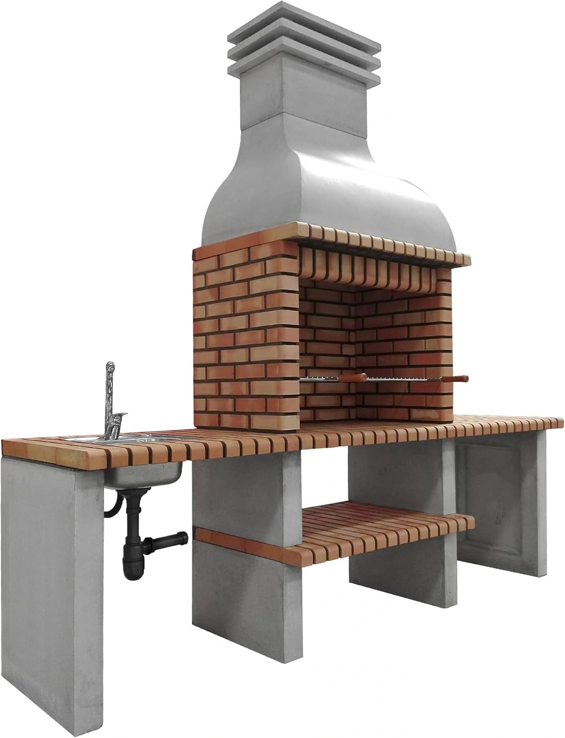 Barbecue d'Extérieur en Béton Réfractaire avec Évier - Modèle Altea, Gris et Orange, 268x70x255 cm