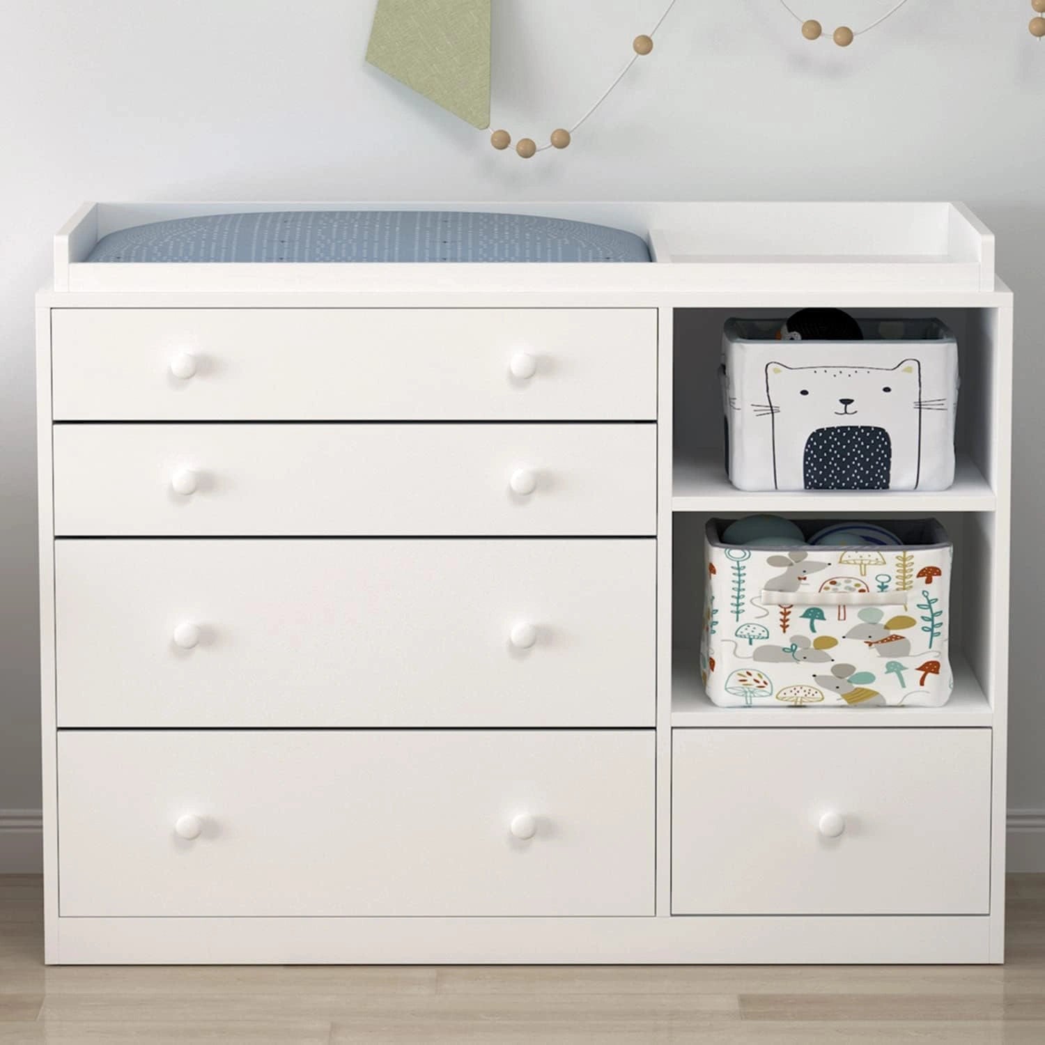 Table à Langer Bébé avec 5 Tiroirs et 2 Espaces Ouverts – Commode Blanche 120x50x91.5cm