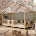Lit pour Enfant en Bois Naturel 90x190 cm avec Barrière Amovible et Pieds Réglables