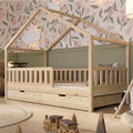Lit Enfant en Bois Naturel 190x90 cm avec Rangement et Barrière Amovible - Style Montessori