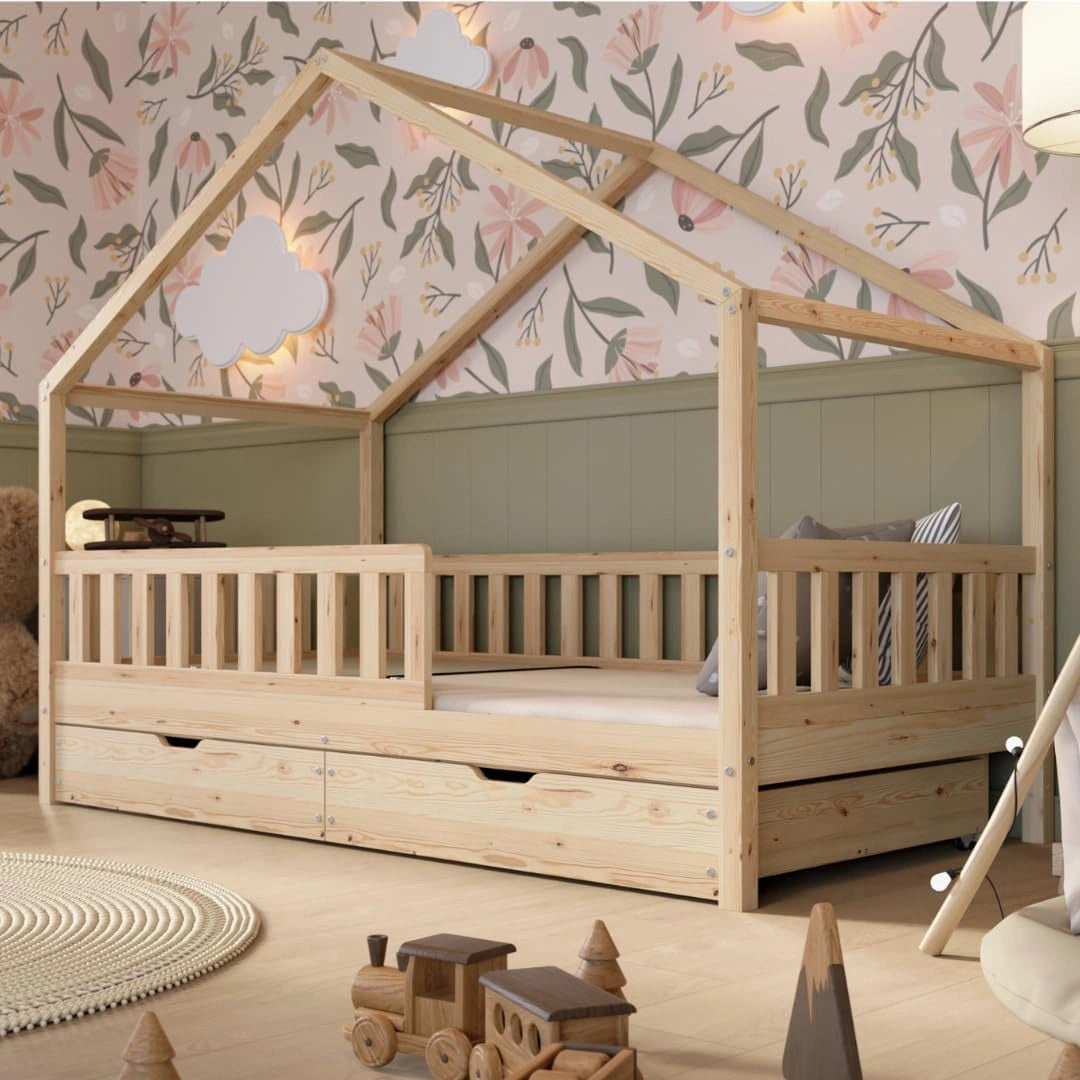 Lit Enfant en Bois Naturel 190x90 cm avec Rangement et Barrière Amovible - Style Montessori