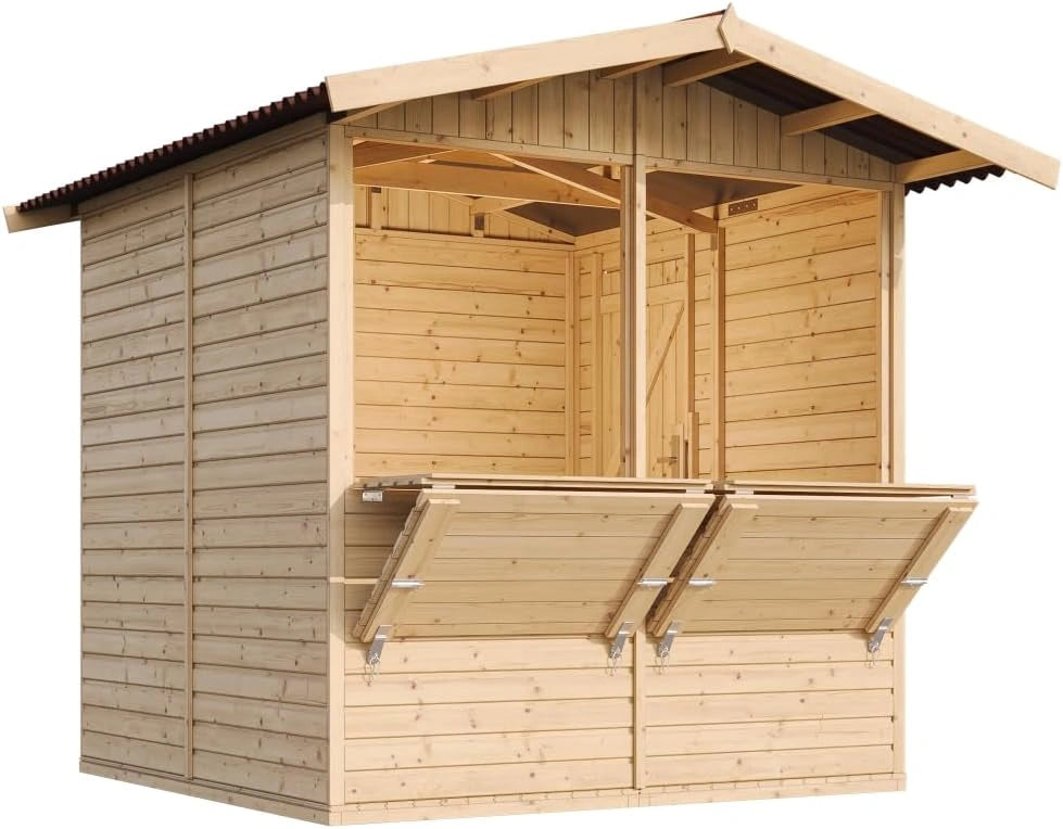 Cabane de Jardin en Bois TIMBELA M149 - Étal de Marché Multifonctionnel avec Comptoir, 4 m², Montage Facile, Dimensions 253x263x232 cm