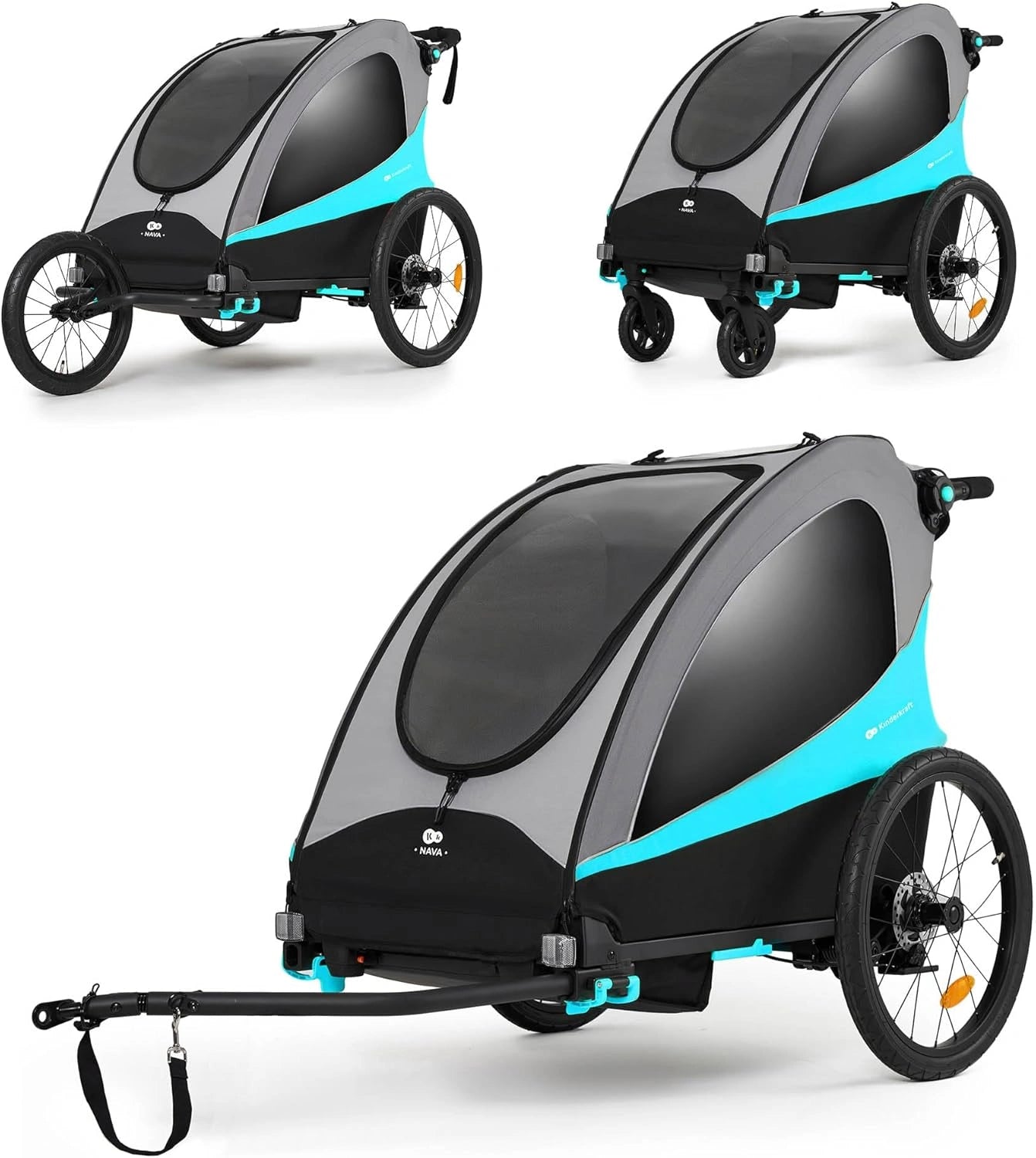 Kinderkraft NAVA 3-en-1 Poussette Réversible et Remorque à Vélo, Protection Pluie et Insectes, Bleu, 2x22kg