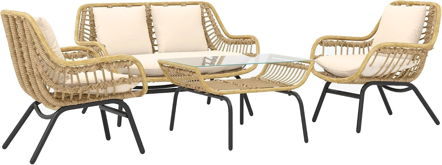 Ensemble de Jardin Outsunny 4 Places Métal Résine Style Exotique avec Coussins Confortables Beige