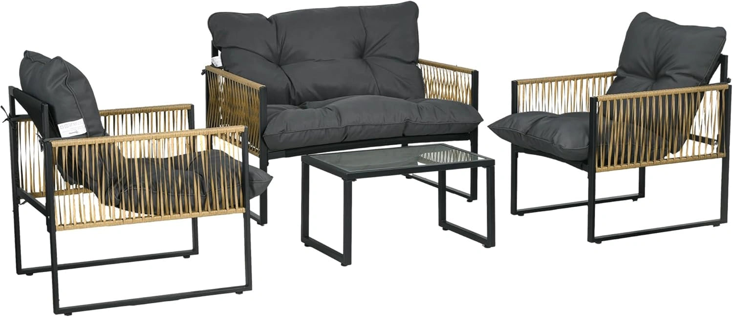 Ensemble de Mobilier de Jardin 4 Pièces - Canapé pour 2, Fauteuils et Table en Résine Tressée avec Verre Trempé - Gris