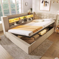 Lit coffre 140x190 en lin beige avec LED et rangement intégré, tête de lit en L, sommier à lattes inclus