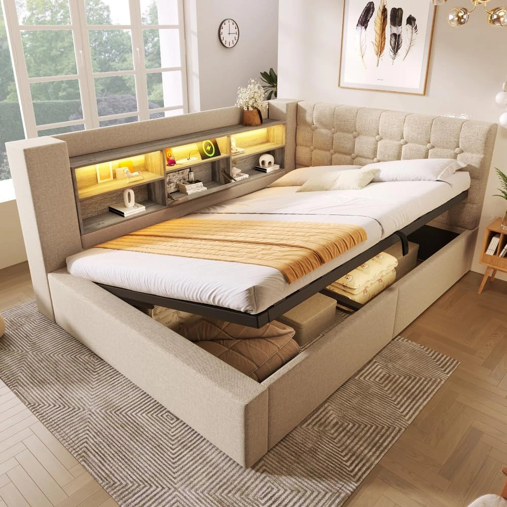 Lit coffre 140x190 en lin beige avec LED et rangement intégré, tête de lit en L, sommier à lattes inclus
