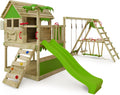Aire de Jeux en Bois Fatmoose TikaTaka avec Balançoire et Toboggan Vert, Cabane Enfant Extérieur avec Bac à Sable et Échelle d'Escalade