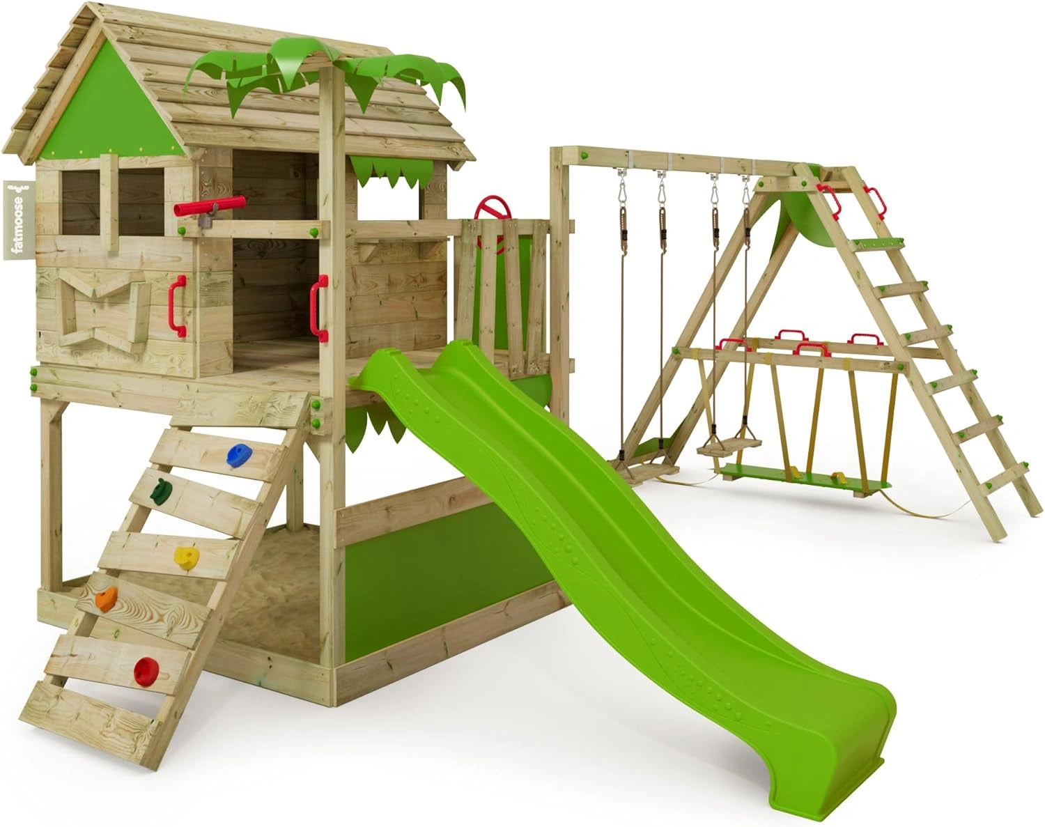 Aire de Jeux en Bois Fatmoose TikaTaka avec Balançoire et Toboggan Vert, Cabane Enfant Extérieur avec Bac à Sable et Échelle d'Escalade