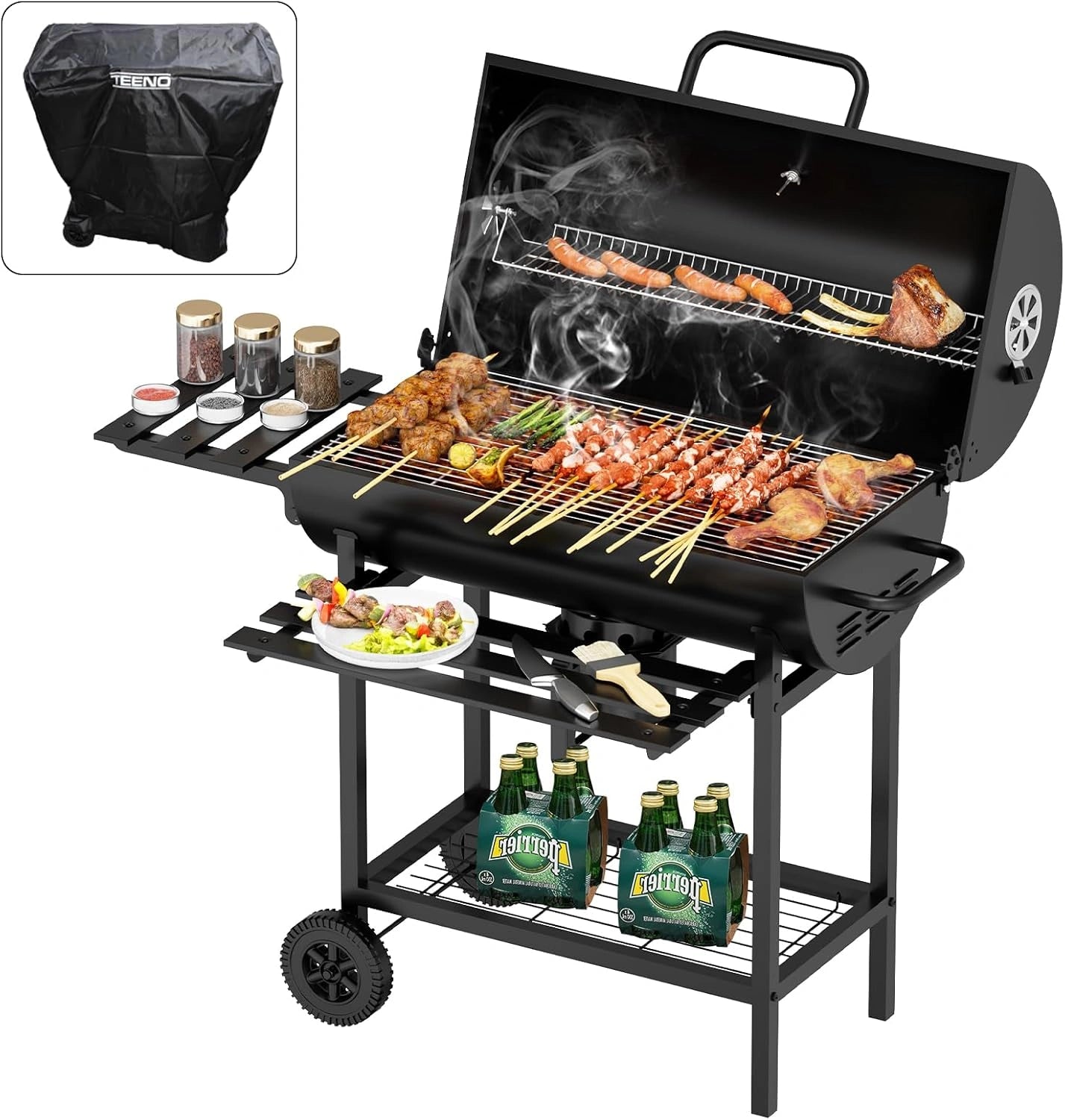 Barbecue à Charbon XXL avec Thermomètre, Tiroir à Cendres et Gants Anti-Chaleur