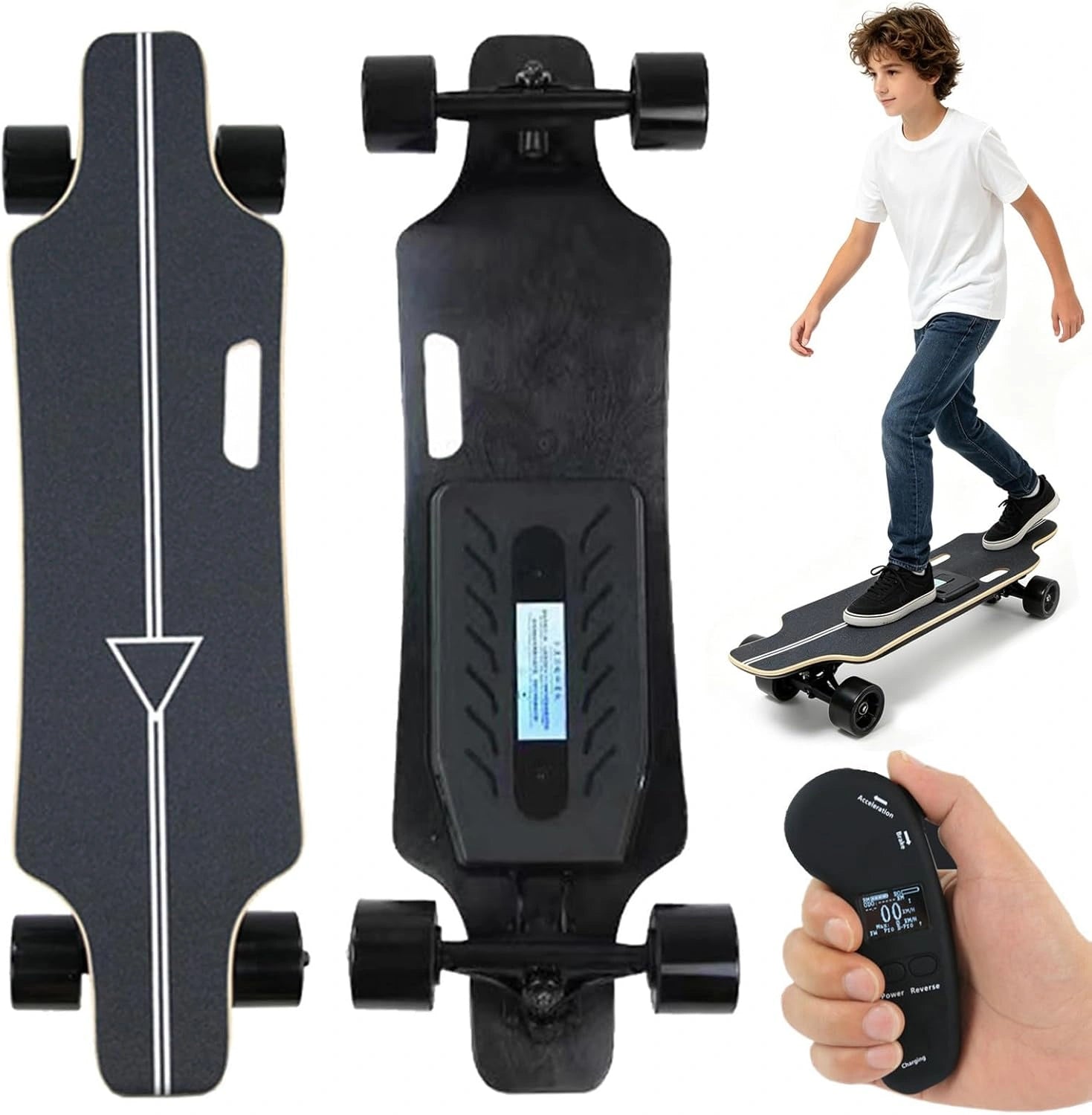 Skateboard électrique tout-terrain 700W avec télécommande, érable 7 plis, 35 km/h, autonomie jusqu'à 30 km, capacité 150 kg