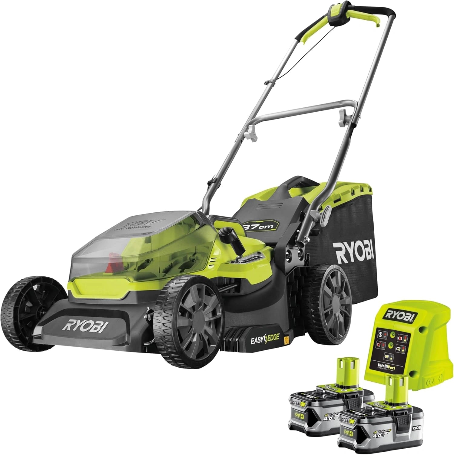 Tondeuse à Gazon 18V One+ Brushless 40 cm RYOBI - Pour Jardins jusqu'à 600 m², Réglage 7 Hauteurs, Mulching et Collecte, Inclus 2 Batteries 4,0 Ah et Chargeur