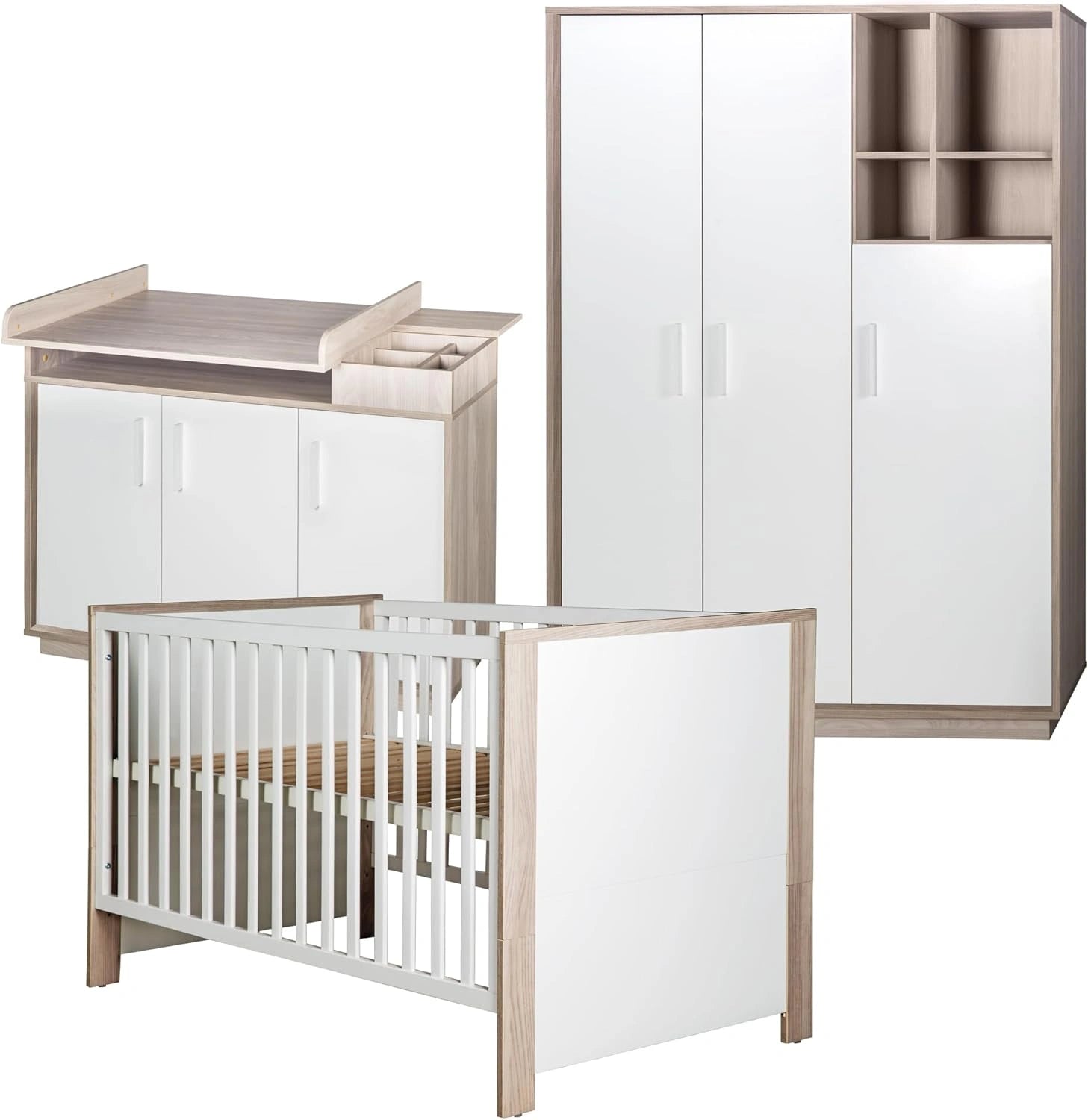 Ensemble de Chambre Bébé Olaf avec Lit Évolutif, Commode et Armoire - Blanc et Bois