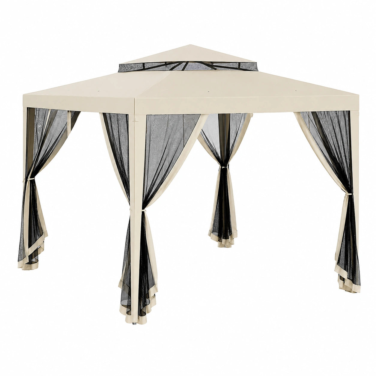 Tonnelle de Jardin 3x3m avec Moustiquaires Amovibles et Double Toit Beige