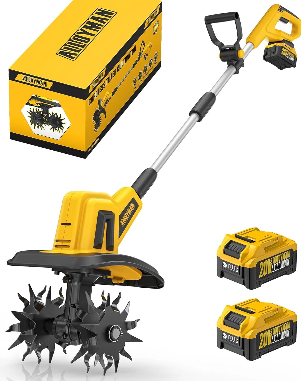 Motobineuse Électrique sans Fil 20V, 360 TR/Min, avec 2 Batteries 4,0 Ah et Chargeur, Largeur 23 cm, Profondeur 17 cm pour Jardin