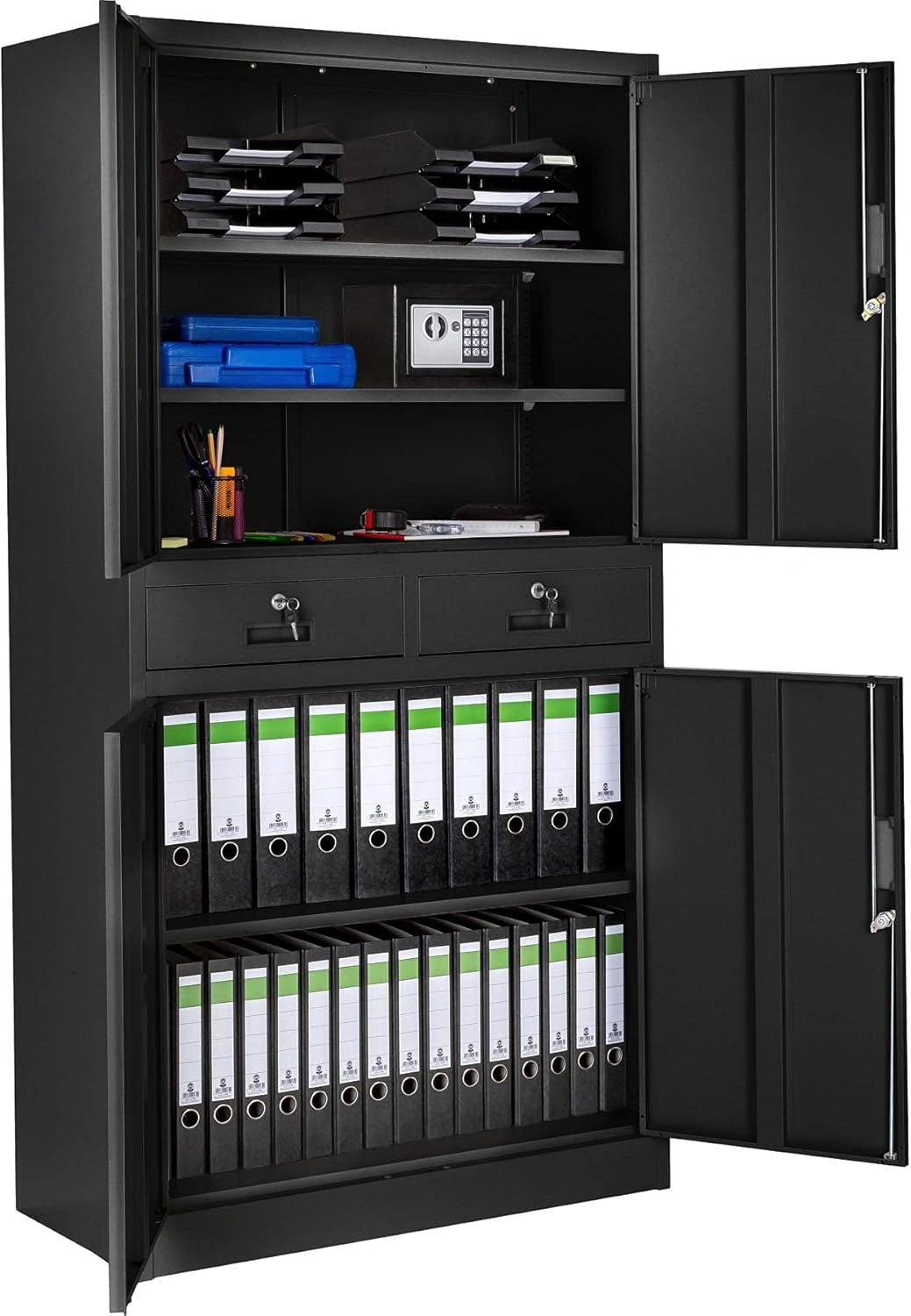 Armoire de Bureau en Métal avec Serrure, 4 Portes et 2 Tiroirs - Noir, 90x40x180 cm