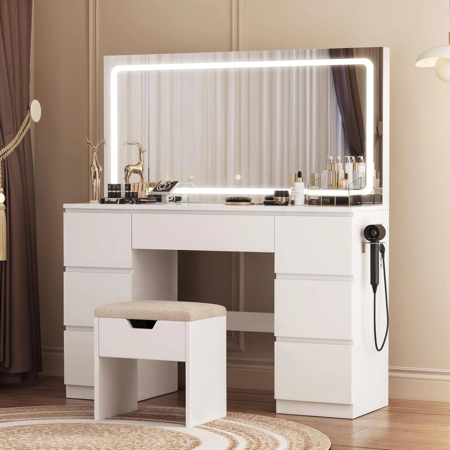 Coiffeuse Moderne avec Miroir LED et Chargeur, 7 Tiroirs, Tabouret Inclus, Table de Maquillage Réglable pour Chambre (Blanc)