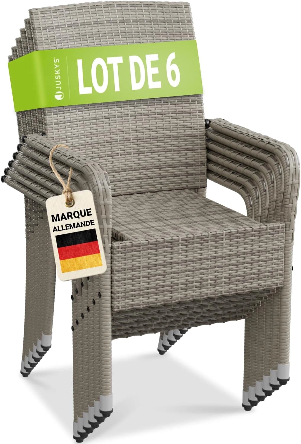 Set de 6 chaises de jardin en rotin Yoro avec accoudoirs - Gris chiné