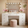 Coiffeuse Blanche avec Miroir Hollywood et Éclairage LED, 9 Tiroirs, Plateau en Verre, Prise USB
