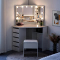 Coiffeuse Moderne d'Angle avec Miroir Triptyque et LED, 5 Tiroirs et 2 Compartiments, Tabouret Inclus