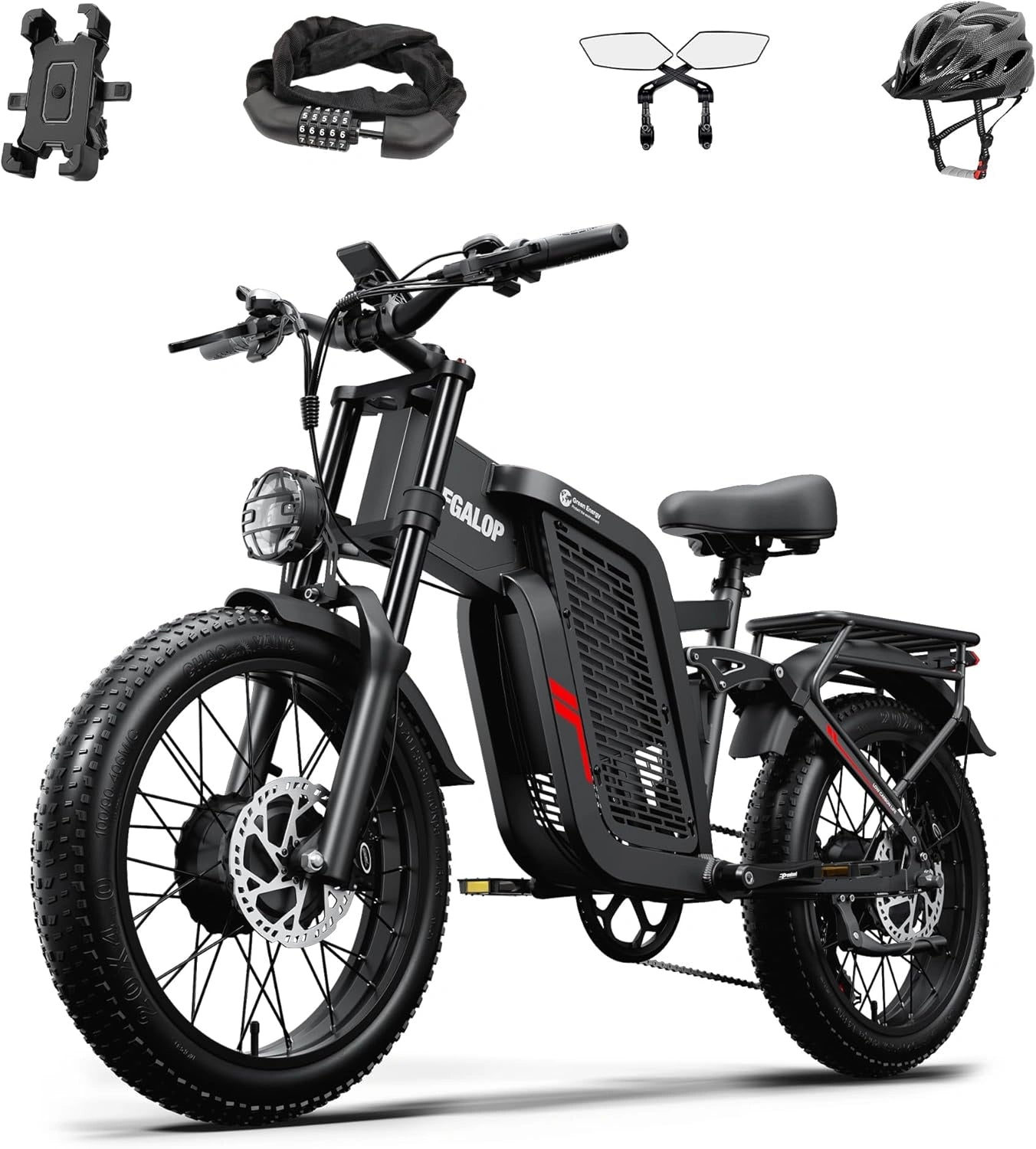 Vélo électrique adulte, double moteur, batterie 52V 24Ah, autonomie 90 km, pneus larges 20 pouces, suspension intégrale, 7 vitesses